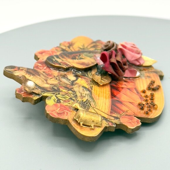 Vtg Avant Garde Creations By Frances Handcrafted Wooden Bird Flower Brooch - Picture 5 of 14
